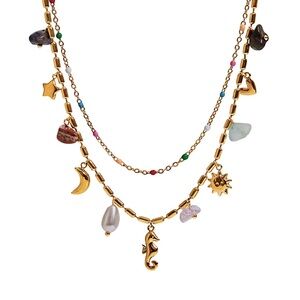 Layered Beaded Charm Necklace Stainless Steel